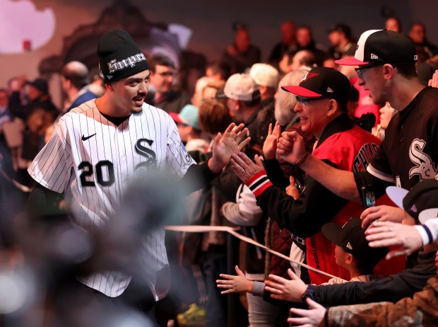 White Sox third baseman Miguel Vargas is introduced during SoxFest Live at the Ramova Theatre on Friday, Jan. 30, 2026, in Bridgeport. (Chris Sweda/Chicago Tribune)