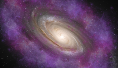 An illustration showing a halo of dark matter around a spiral galaxy