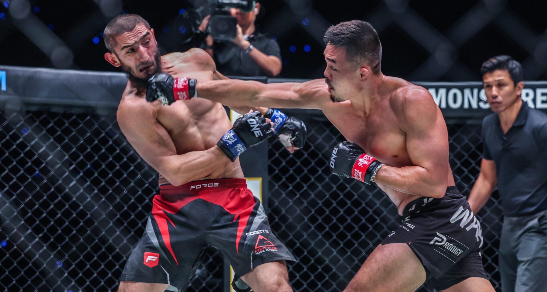 Christian Lee punches Alibeg Rasulov in their World Title fight at ONE 173