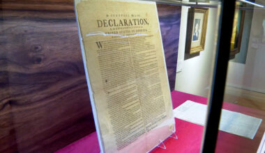 A copy of the Declaration of Independence, printed by Robert Luist Fowle in July 1776, sits on display at Christie's during a preview for the "We the People: America at 250" auction, Jan. 15, 2026 in New York. (Joe Frederick/AP)