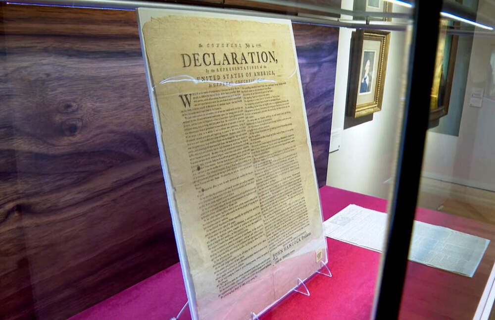 A copy of the Declaration of Independence, printed by Robert Luist Fowle in July 1776, sits on display at Christie's during a preview for the "We the People: America at 250" auction, Jan. 15, 2026 in New York. (Joe Frederick/AP)