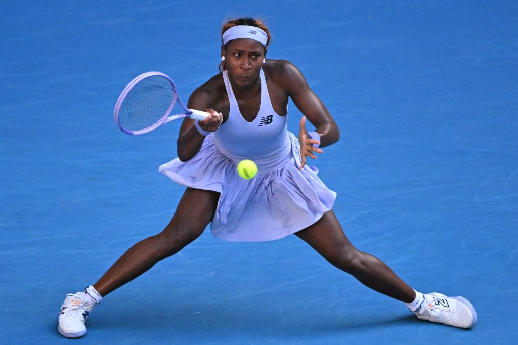 Coco Gauff hits a forehand during her three-set win over Karolina Muchova in the fourth round of the Australian Open.