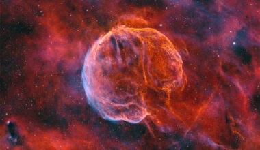 A colorful starfield surrounds a giant nearly-spherical 
nebula that has texture and stripes like watermelon. 
The lower right of the nebula is open making it appear
like a medulla oblongata -- the stem that connects to 
a brain. 
Please see the explanation for more detailed information.