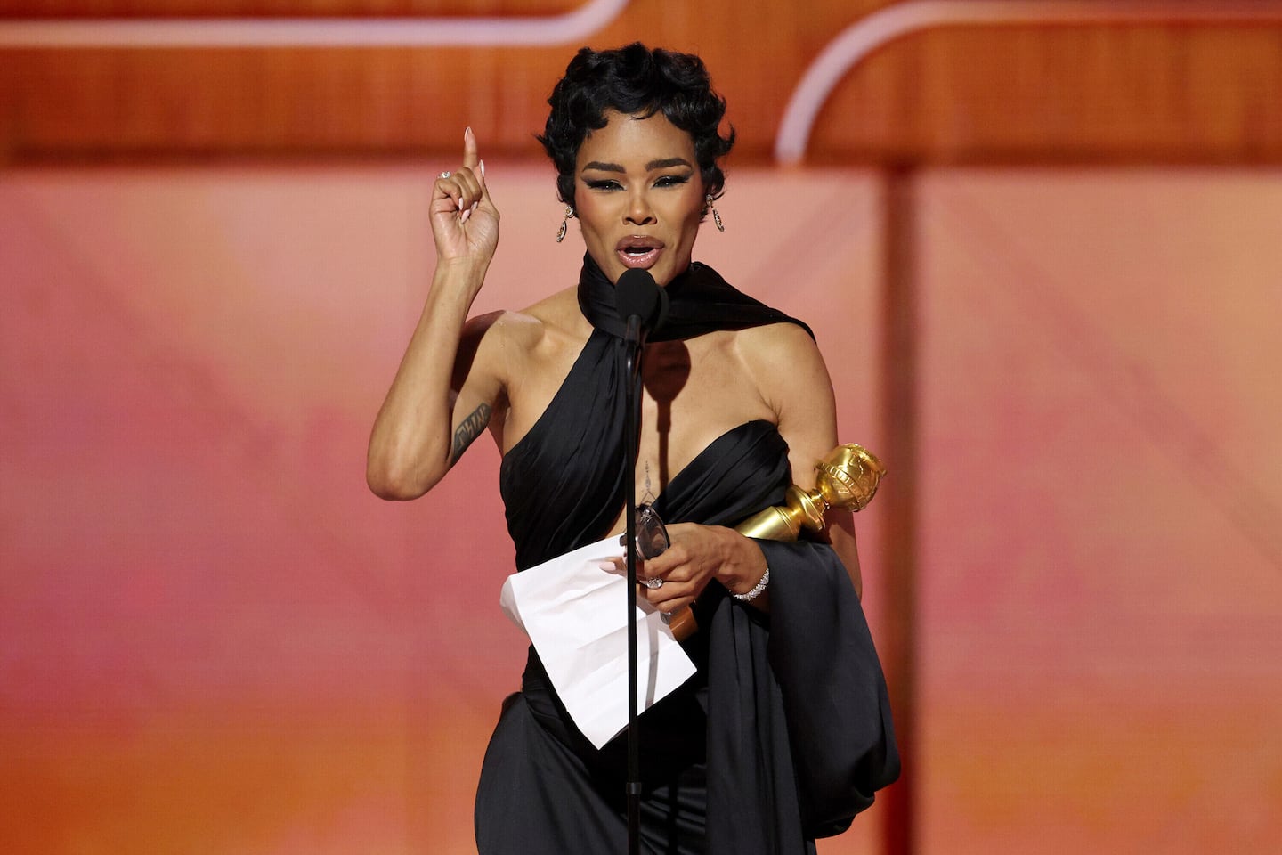This image released by CBS Broadcasting shows Teyana Taylor accepting the award for best performance by a supporting actress in a motion picture for "One Battle After Another" during the 83rd Golden Globes on Sunday at the Beverly Hilton in Beverly Hills, Calif. 