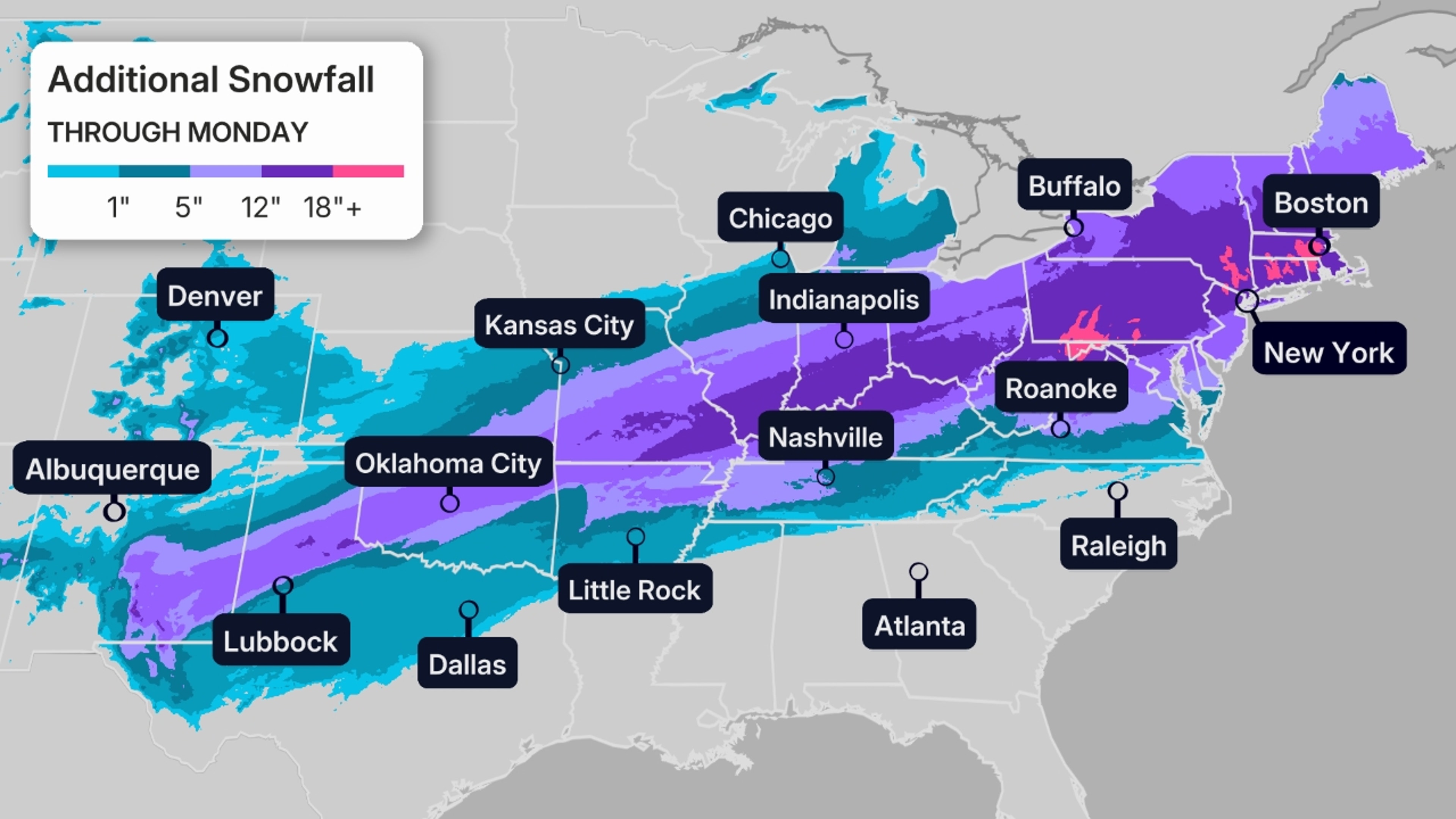 This map shows where heavy snow is most possible during Winter Storm Fern through Monday. Areas in the purple and pink contours have the best chances of significant accumulating snow, possibly mixed with sleet.