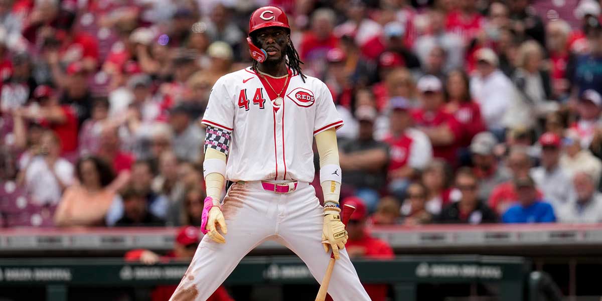 Cincinnati Reds shortstop Elly De La Cruz (44) stands at the plate after striking out in the seventh inning of the MLB Interleague game between the Cincinnati Reds and the Seattle Mariners at Great American Ball Park in downtown Cincinnati