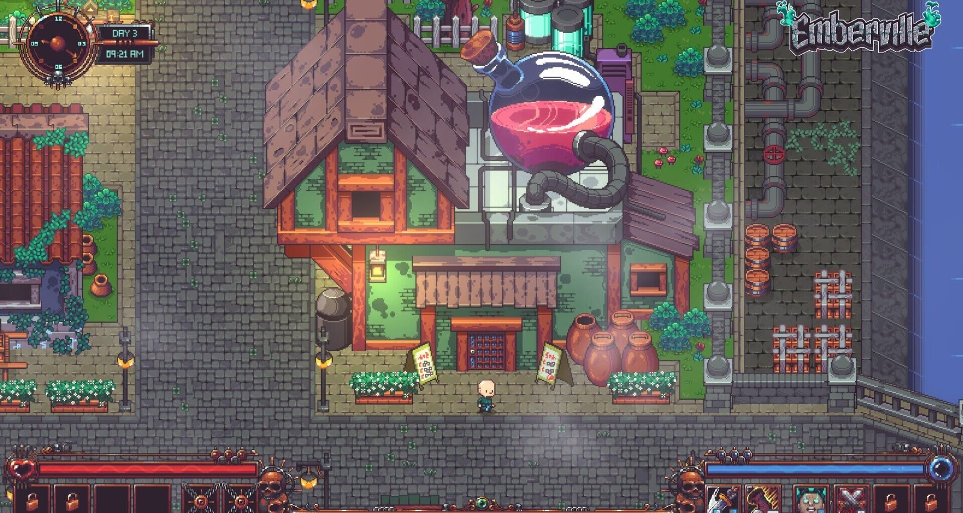 Pixel art shows a top-down village.