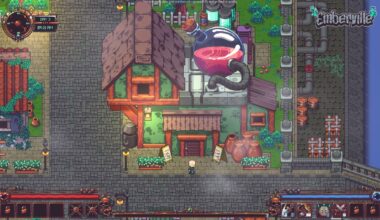 Pixel art shows a top-down village.