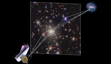 An image of a warped galaxy being viewed by the James Webb Space Telescope