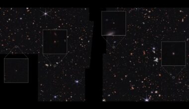James Webb Space Telescope image showing a broad area of space with many small galaxies, four of which are highlighted in pull-out boxes. The four highlighted galaxies are very small, appearing as points of light. Black areas of the overall image indicate where the telescope did not collect data &ndash; a vertical section in the center and a square in the lower left corner.
