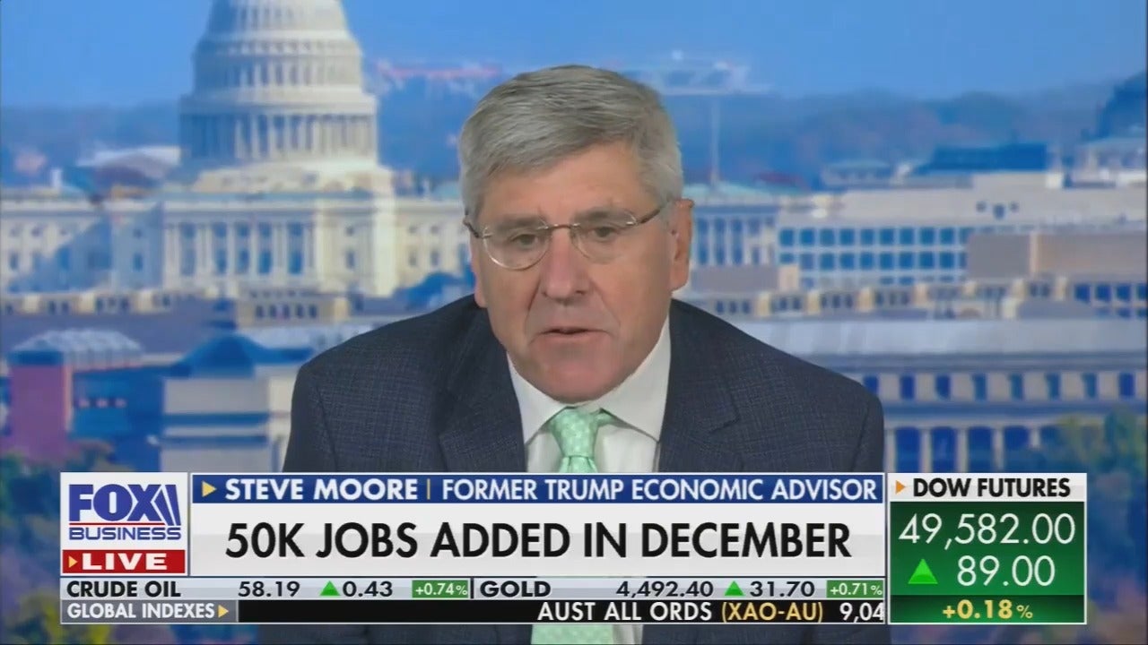 On Fox Business, former Trump economic adviser Stephen Moore tries to reframe disappointing jobs report: "This is an absolutely booming economy right now"
