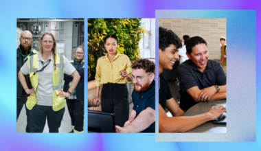 A digital collage showing three scenes related to community and workforce development: a worker wearing a safety vest standing confidently inside an industrial facility; a professional leading a discussion in front of a green indoor living‑wall; and a small group collaborating around a laptop in a classroom or training setting. The images are arranged in vertical panels over a soft blue‑purple gradient background.