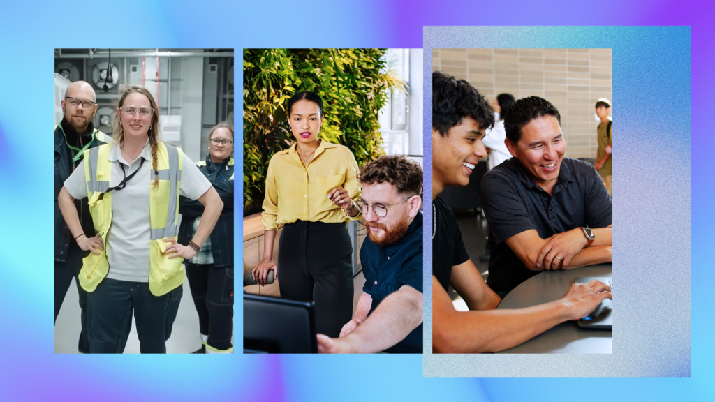 A digital collage showing three scenes related to community and workforce development: a worker wearing a safety vest standing confidently inside an industrial facility; a professional leading a discussion in front of a green indoor living‑wall; and a small group collaborating around a laptop in a classroom or training setting. The images are arranged in vertical panels over a soft blue‑purple gradient background.