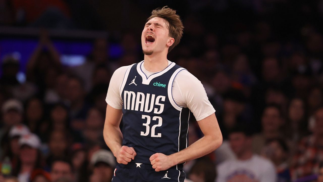 Dallas Mavericks' Cooper Flagg yells during the first half of an NBA basketball game against the New York Knicks, Monday, Jan. 19, 2026, in New York. (AP Photo/Pamela Smith)
