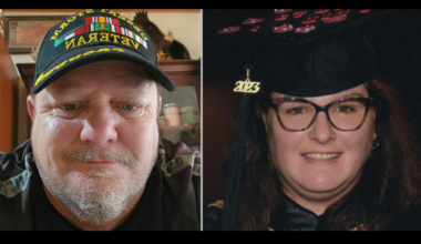 A split image shows a man with a Veteran cap on the left and a woman in graduation attire on the right. They both achieved their mental health goals.