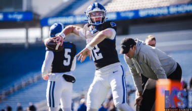 Kentucky football helmet on the sideline, via Dr. Michael Huang, KSR