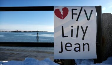 A placard honoring the crew of the Lily Jean was displayed Saturday at the Gloucester Fisherman's Memorial in Gloucester.