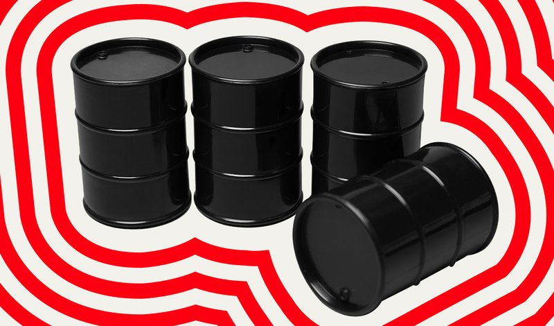 Graphic illustration showing oil barrels in a collage format