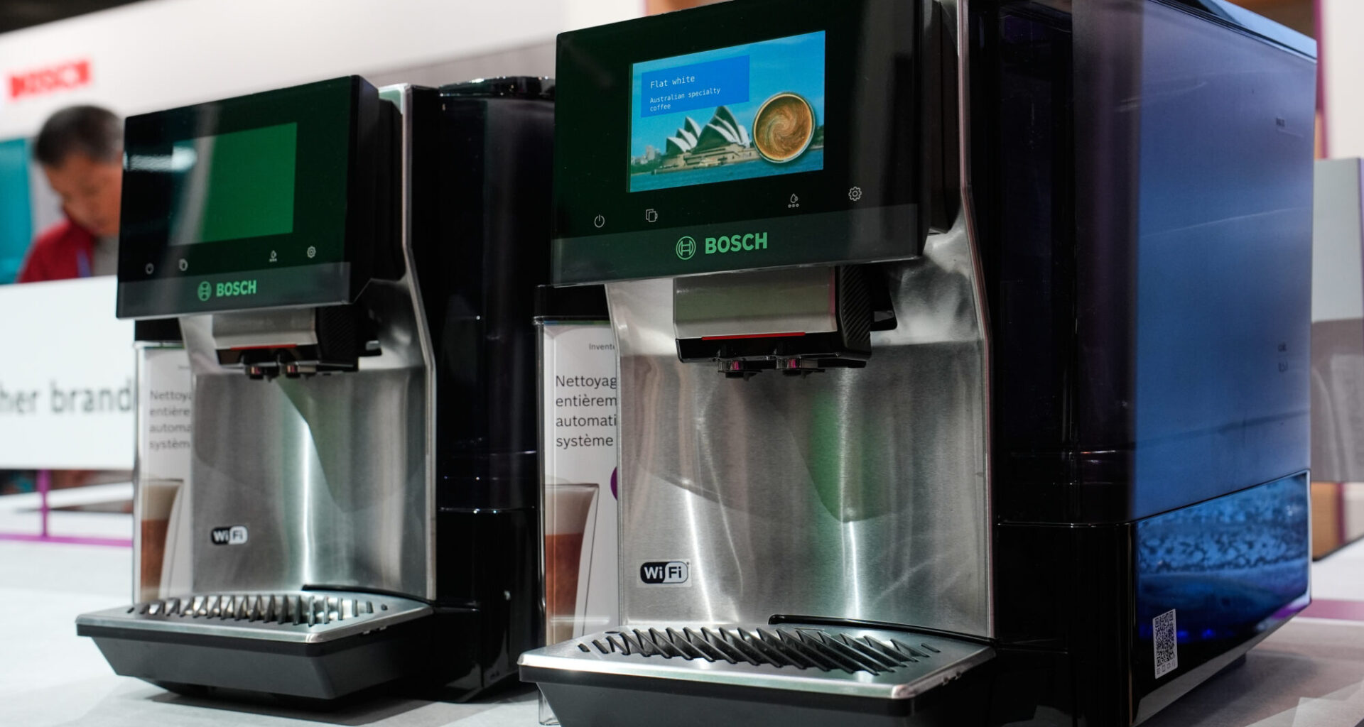 A couple of Bosch 800 Series fully automatic espresso machines are seen on display at the Bosch boo...