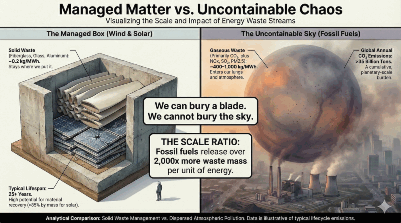 Google Gemini generated this infographic to visualize the scale of energy waste, contrasting the contained, inert "managed matter" of renewables against the massive, uncontainable volume of atmospheric pollution released by fossil fuels.