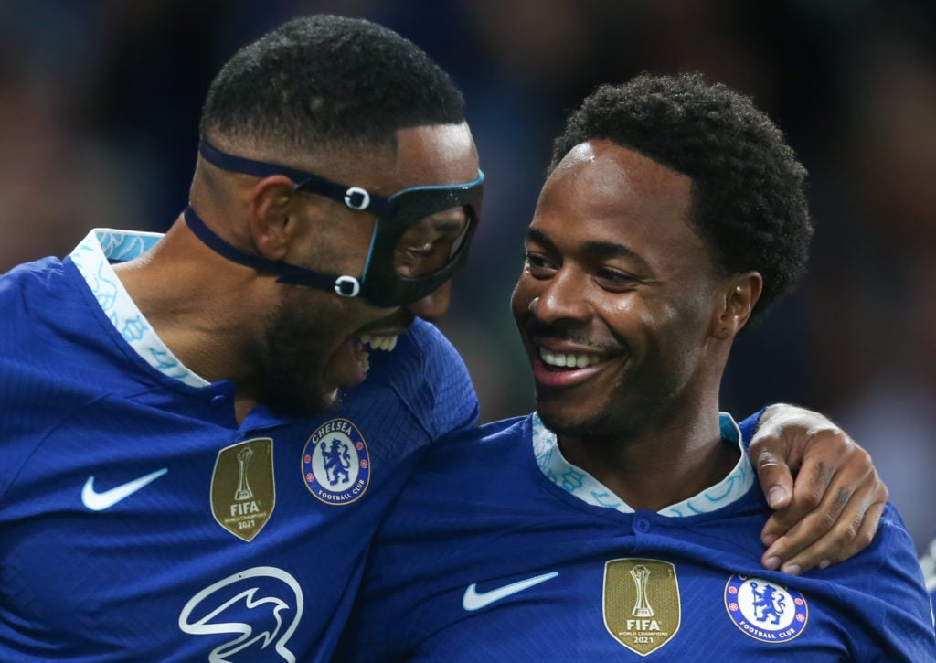Chelsea's Raheem Sterling celebrates scoring his side's first goal with Pierre-Emerick Aubameyang