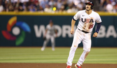 Nolan Arenado #28 of Team USA leads off second base during the sixth inning of the World Baseball C...