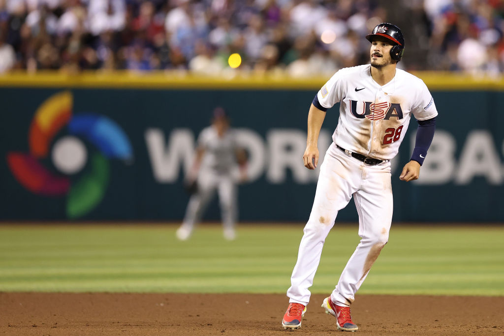 Nolan Arenado #28 of Team USA leads off second base during the sixth inning of the World Baseball C...