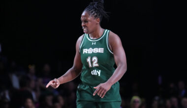 MEDLEY, FLORIDA - MARCH 17: Chelsea Gray #12 of Rose reacts against the Vinyl during the second quarter of the championship game of the inaugural season of Unrivaled at Wayfair Arena on March 17, 2025 in Medley, Florida. (Photo by Rich Storry/Getty Images)