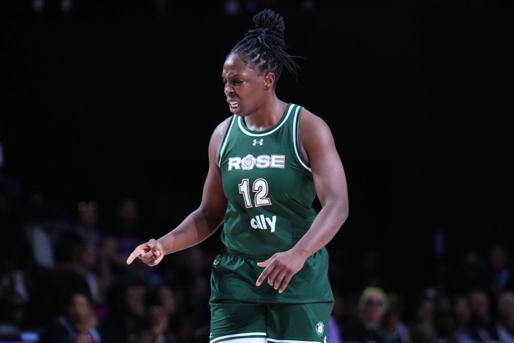 MEDLEY, FLORIDA - MARCH 17: Chelsea Gray #12 of Rose reacts against the Vinyl during the second quarter of the championship game of the inaugural season of Unrivaled at Wayfair Arena on March 17, 2025 in Medley, Florida. (Photo by Rich Storry/Getty Images)