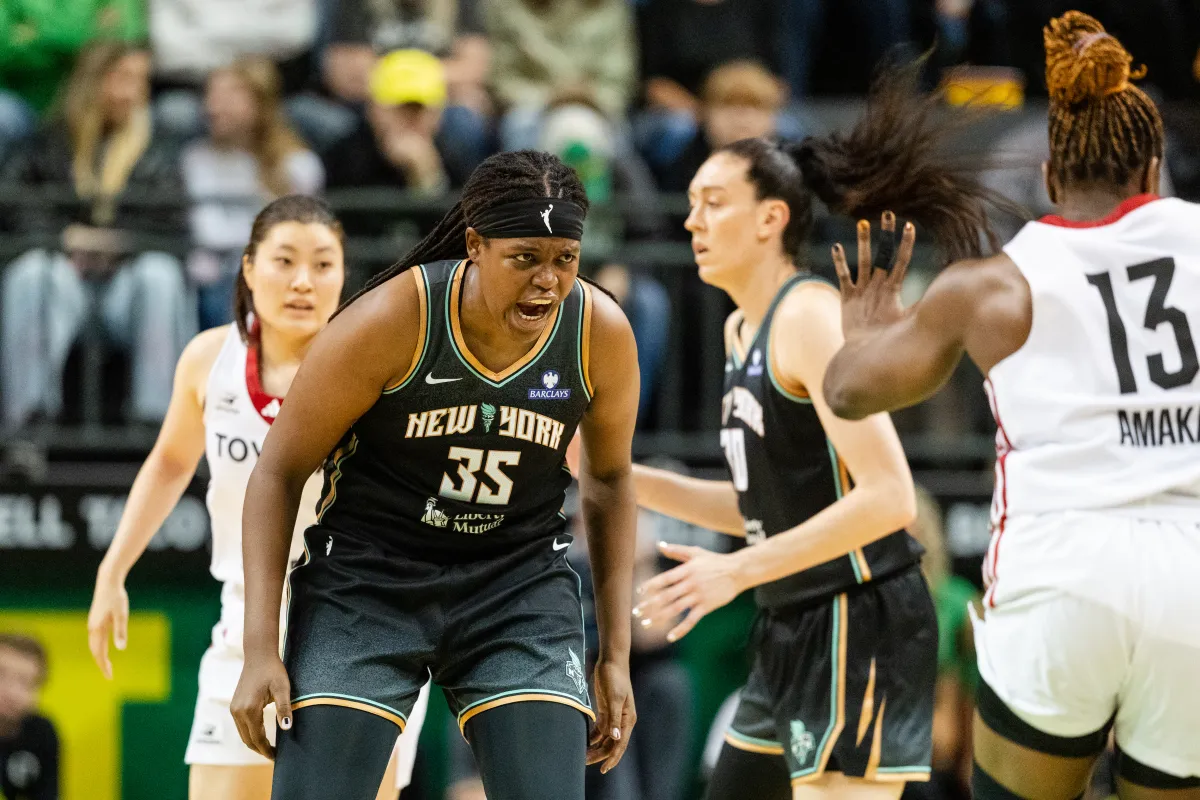 EUGENE, OREGON - MAY 12:  Jonquel Jones #35 of the New York Liberty reacts during the first half of the WNBA preseason game against the Toyota Antelopes at Matthew Knight Arena on May 12, 2025 in Eugene, Oregon.