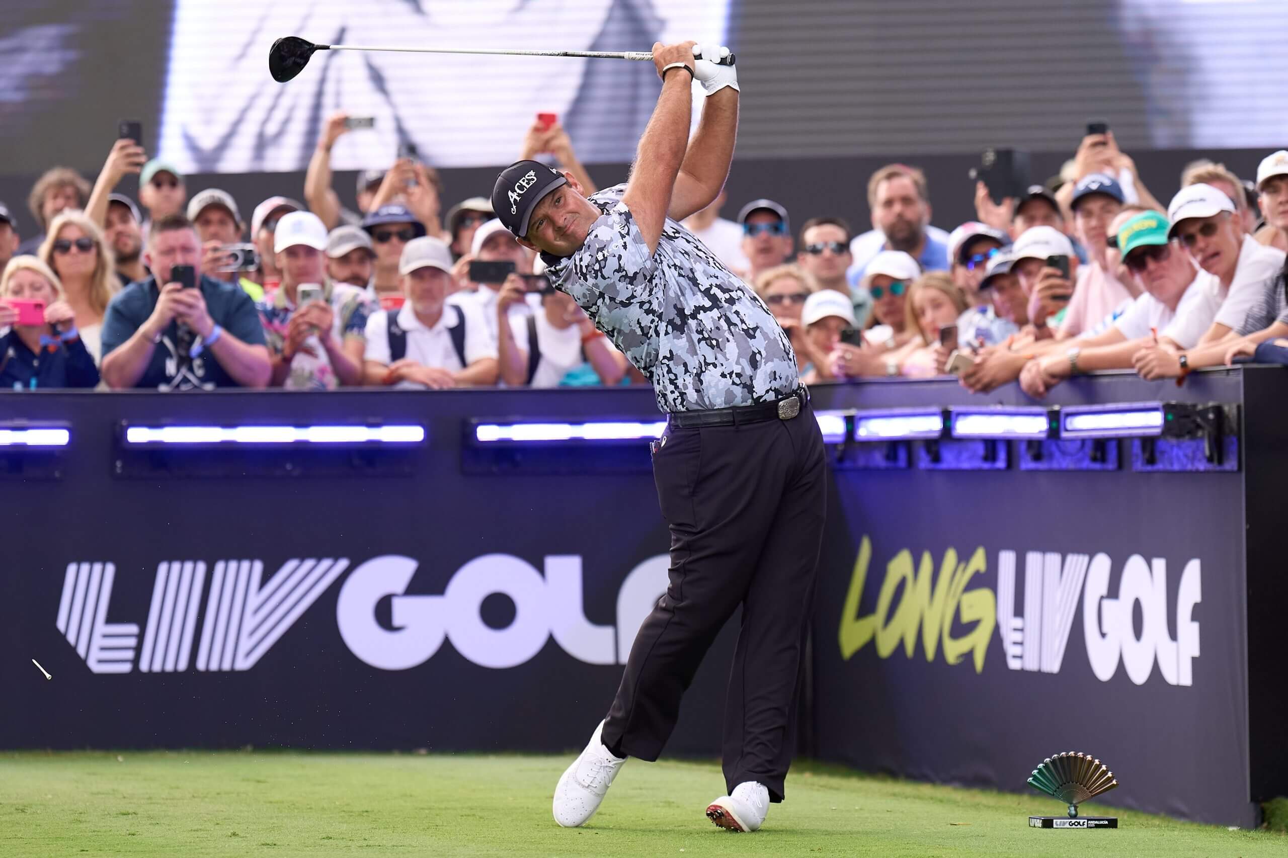 Patrick Reed tees off in front of a crowd of spectators at LIV Andalucia last year. 