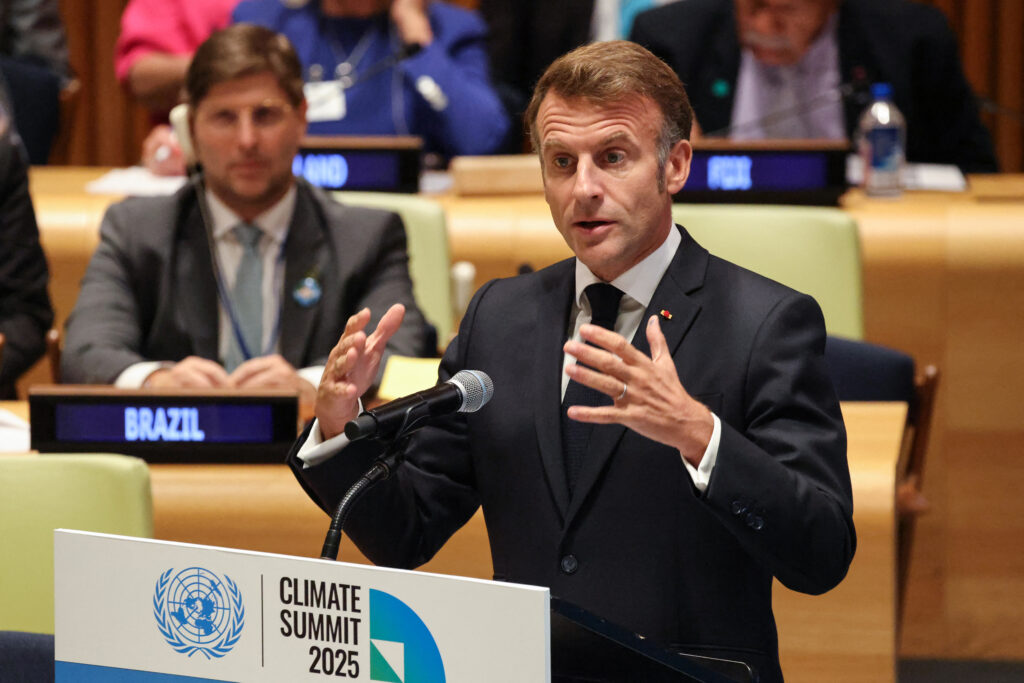French President Emmanuel Macron delivers remarks during the “Climate Summit 2025” on the sidelines of the United Nations General Assembly at the U.N. headquarters in New York City on Sept. 24, 2025. Credit: Ludovic Marin/AFP via Getty Images