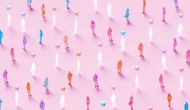 3D rendered conceptual illustration of numerous business figures evenly scattered across a soft pink background: solid colored human workers standing alongside identical translucent ghost-like figures, each translucent worker marked by a glowing “AI” symbol hovering above – powerful visualization of artificial intelligence replacing human workforce, solid employees mixed with their AI-replaced counterparts, automation displacing jobs, digital transformation eliminating roles, technological unemployment, workforce disruption, future of work with AI substitution, and the new era where real human workers are gradually replaced by artificial intelligence.