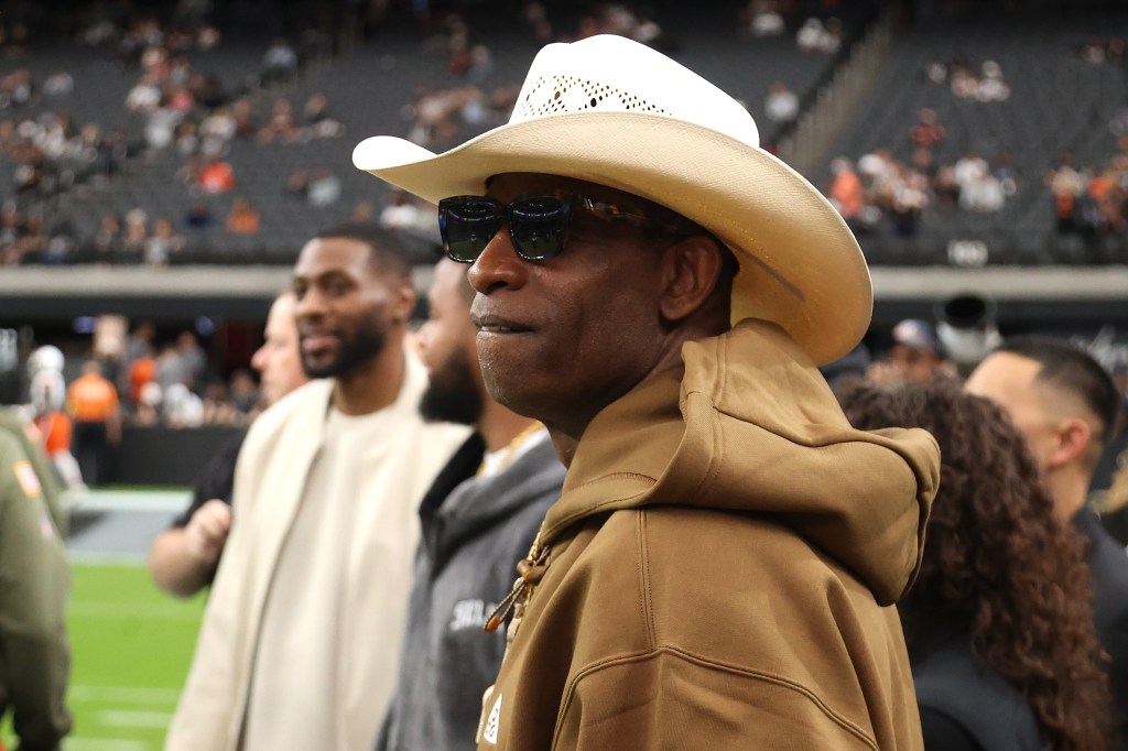 Head coach Deion Sanders of the Colorado Buffaloes looks on prior to the game between the Cleveland Browns and the Las Vegas Raiders at Allegiant Stadium on November 23, 2025 in Las Vegas, Nevada. 