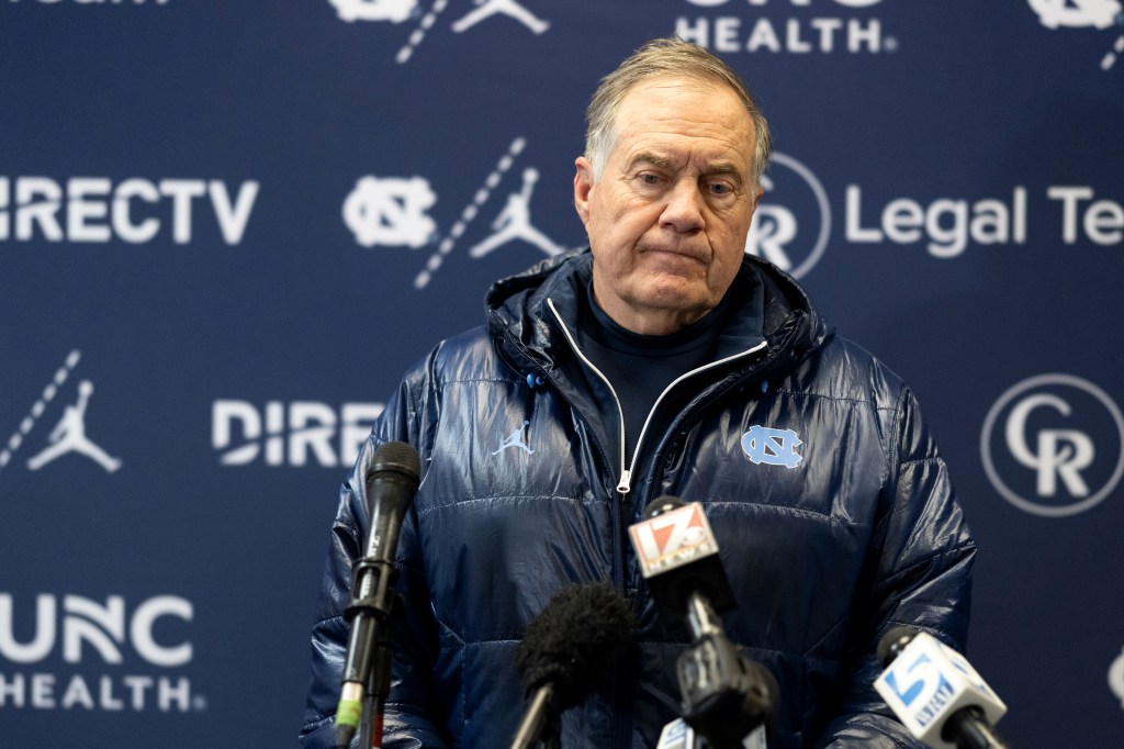 Head coach Bill Belichick of the North Carolina Tar Heels responds to questions during his press conference following their loss to the NC State Wolfpack at Carter-Finley Stadium on November 29, 2025 in Raleigh, North Carolina.