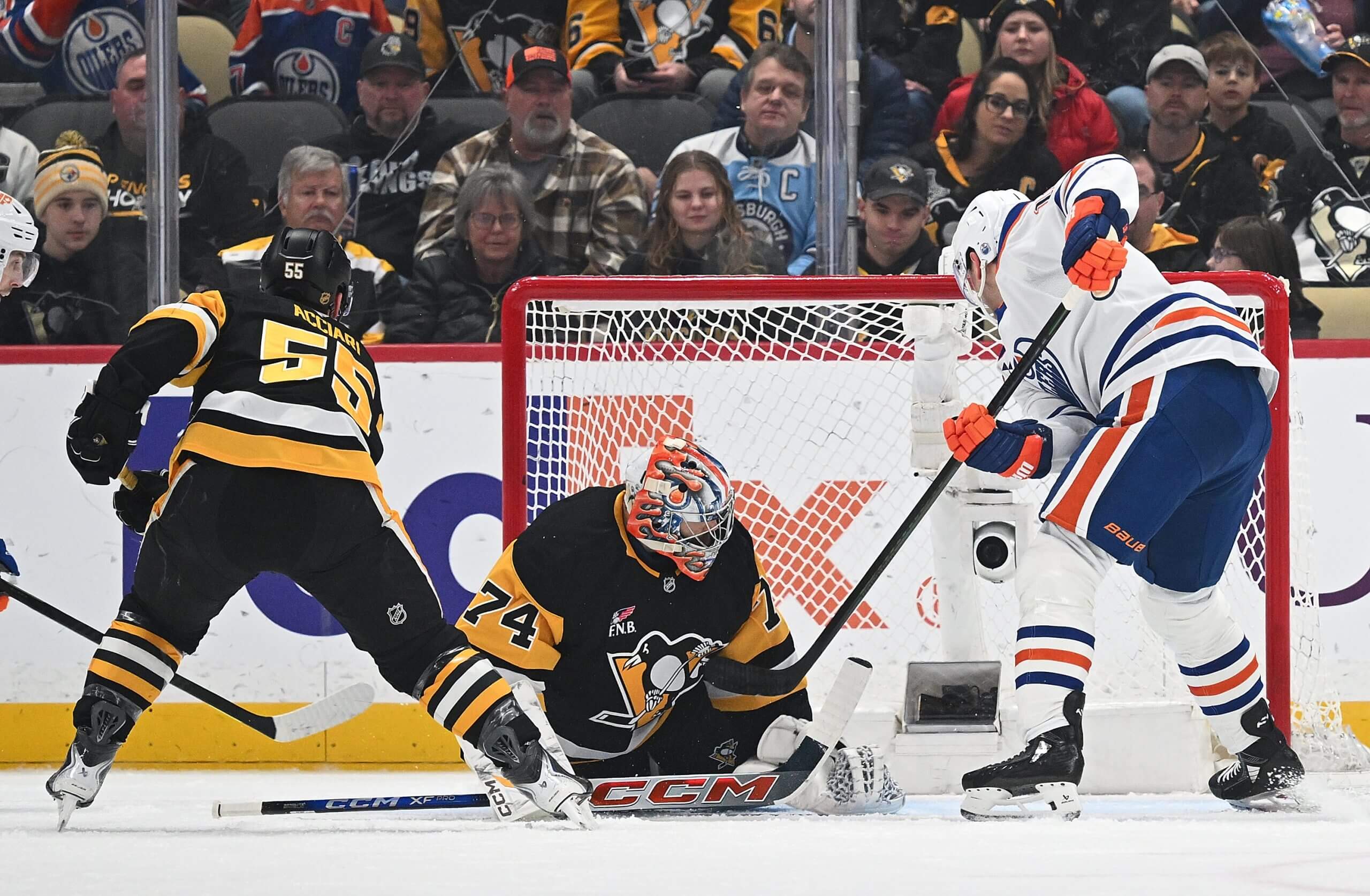 Edmonton's Zach Hyman tries to score past Penguins goalie Stuart Skinner.