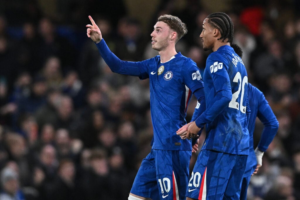 Joao Pedro of Chelsea and Cole Palmer of Chelsea celebrate