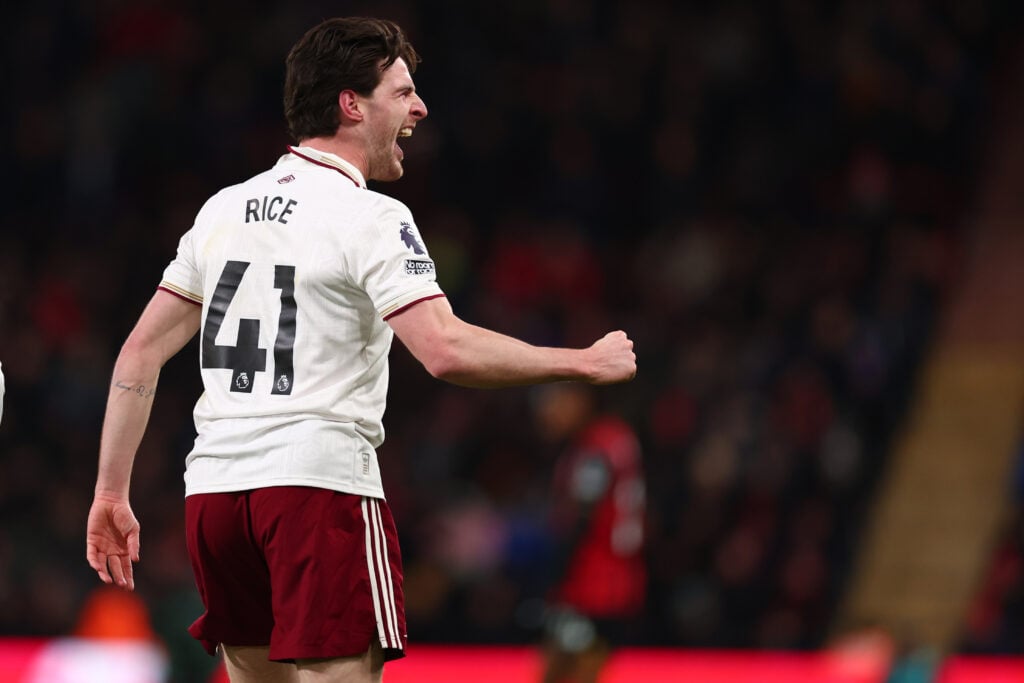Declan Rice celebrates after scoring for Arsenal vs Bournemouth