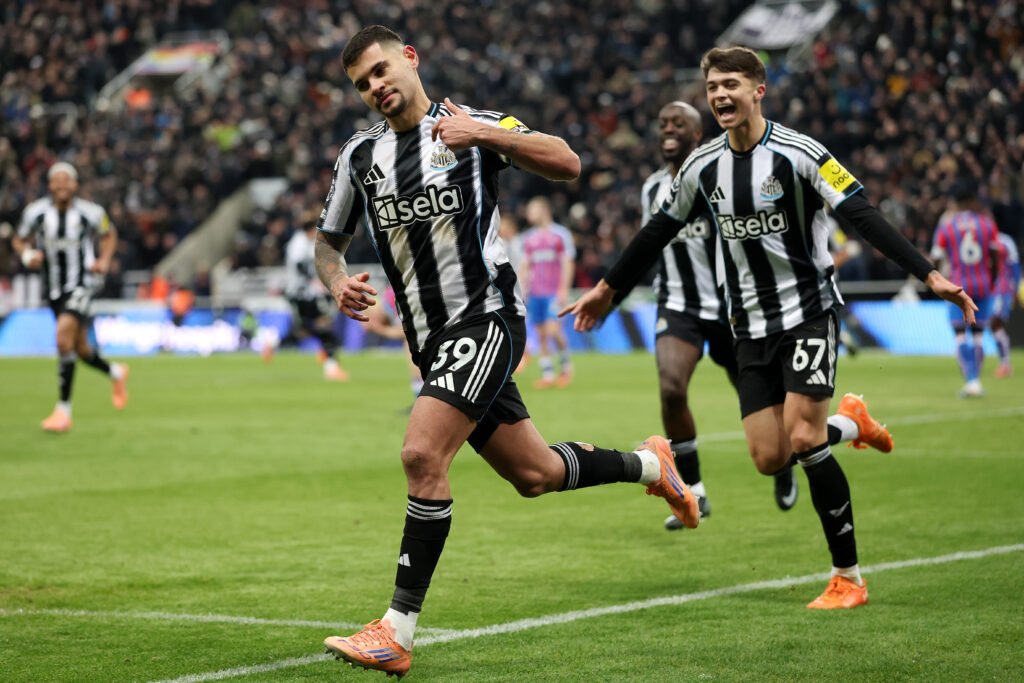 Bruno Guimaraes celebrates after scoring for Newcastle United against Crystal Palace.
