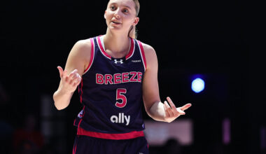 MEDLEY, FLORIDA - JANUARY 05: Paige Bueckers #5 of the Breeze reacts against the Phantom during the second half at Sephora Arena on January 05, 2026 in Medley, Florida. (Photo by Carmen Mandato/Getty Images)