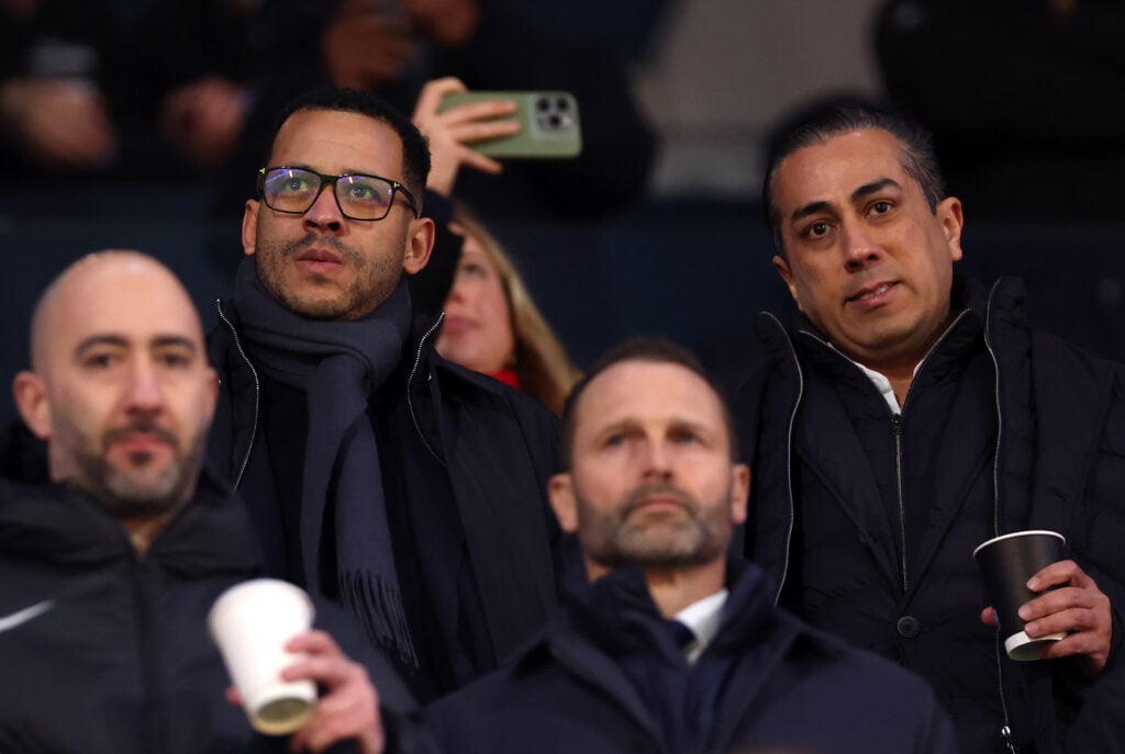Liam Rosenior, incoming manager of Chelsea, and co-owner Behdad Eghbali look on prior to the Premier League match between Fulham and Chelsea