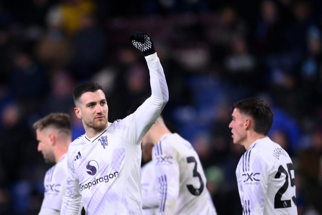 

Diogo Dalot celebrates during the Premier League match between Burnley and Manchester United at Turf Moor in 2026 in Burnley, England.
