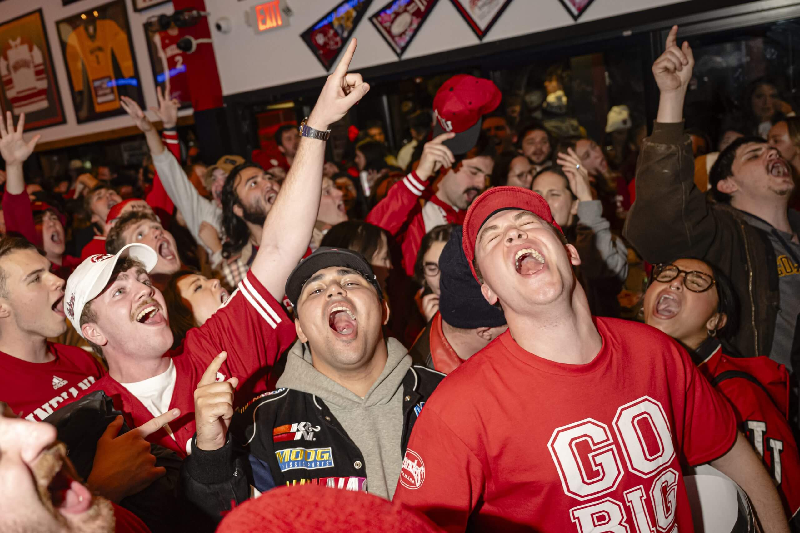Indiana University fans celebrate at a watch party in Bloomington during the College Football Playoff national championship game between the Hoosiers and the Miami Hurricanes. (Jon Cherry / Getty Images)