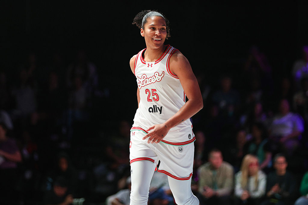 MEDLEY, FLORIDA - JANUARY 16: Alyssa Thomas #25 of the Laces reacts against the Phantom during the first half of the Unrivaled 2026 game at Sephora Arena on January 16, 2026 in Medley, Florida. (Photo by Tomas Diniz Santos/Getty Images)