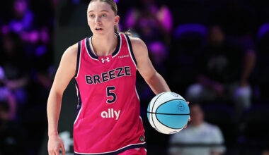 MEDLEY, FLORIDA - JANUARY 26: Paige Bueckers #5 of the Breeze controls the ball against Jordin Canada #3 of the Laces during the first half at Sephora Arena on January 26, 2026 in Medley, Florida. (Photo by Carmen Mandato/Getty Images)