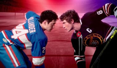 Hudson Williams as Shane Hollander and Connor Storrie as Ilya Rozanov facing off in their hockey gear in a promotional image for Heated Rivalry.