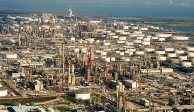 Oil refineries off of the Houston Ship Channel in Houston, Texas. According to the United Nations, "fossil fuels – coal, oil and gas – are by far the largest contributor to global climate change, accounting for around 68 per cent of global greenhouse gas emissions and nearly 90 per cent of all carbon dioxide emissions." Credit: Ken Cedeno/Corbis via Getty Images