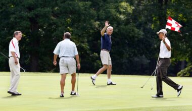 Then-president Barack Obama, from right, then-vice President Joe Biden, House Speaker John Boehner, R-Ohio, and Ohio Governor John Kasich walk on the first green during a round of golf at Andrews Air Force Base, Md., June 18, 2011.