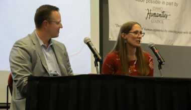 (Left) CEO of Bingham Healthcare Jake Erickson and (right) OB-GYN Heather Pugmire speaking at City Club of Idaho Falls over Idaho's current landscape involving obstetric servies and stock of physicians.