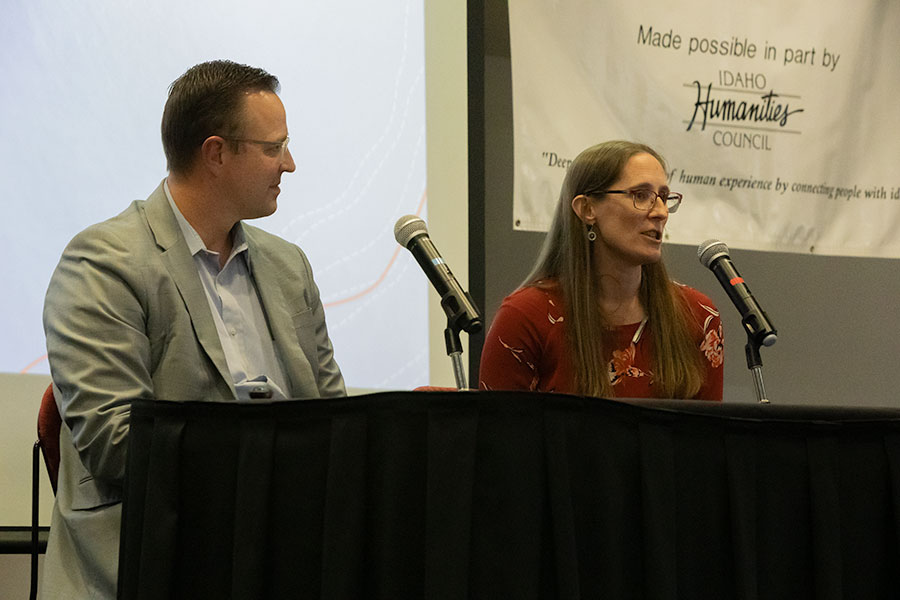 (Left) CEO of Bingham Healthcare Jake Erickson and (right) OB-GYN Heather Pugmire speaking at City Club of Idaho Falls over Idaho's current landscape involving obstetric servies and stock of physicians.